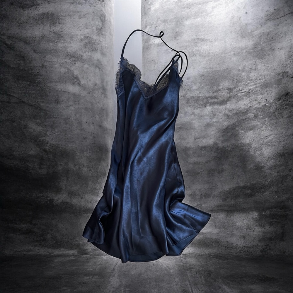 In Bloom by Jonquil Satin Lace Trim Chemise | Navy | XXL | Preowned